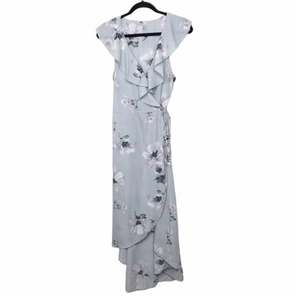Daisies Pale Blue Floral Wrap Hi Low Dress - Picture 1 of 14